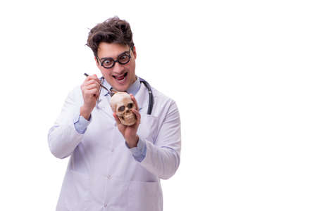 Funny doctor with skull isolated on whiteの写真素材