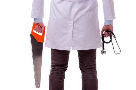 Funny doctor with saw isolated on whiteの写真素材
