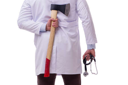 Funny doctor with axe isolated on whiteの写真素材