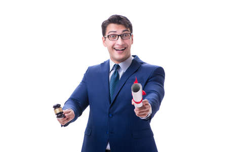 Lawyer law student with a gavel isolated on white backgroundの写真素材