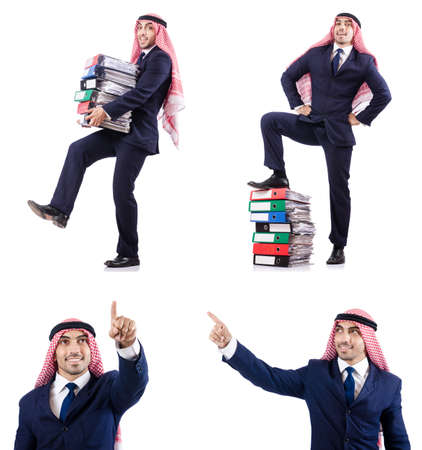 Arab businessman with many folders on whiteの写真素材