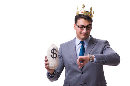 King businessman holding money bag isolated on white backgroundの写真素材