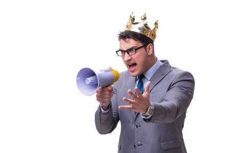 King businessman with a megaphone isolated on white backgroundの写真素材