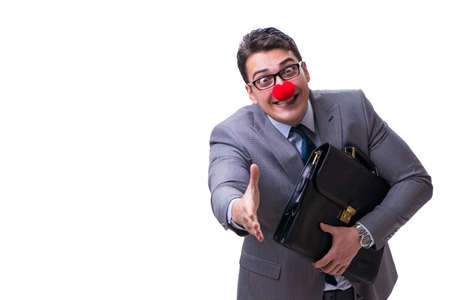 Funny clown with briefcase on whiteの写真素材