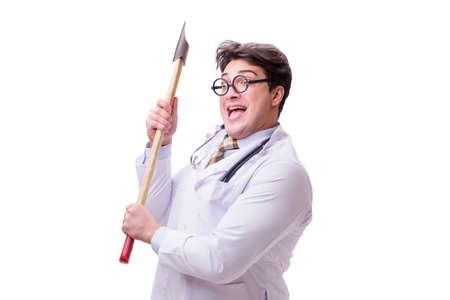 Funny doctor with axe isolated on whiteの写真素材