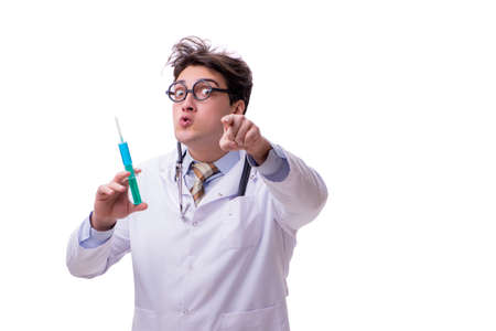 Funny doctor with syringe isolated on whiteの写真素材