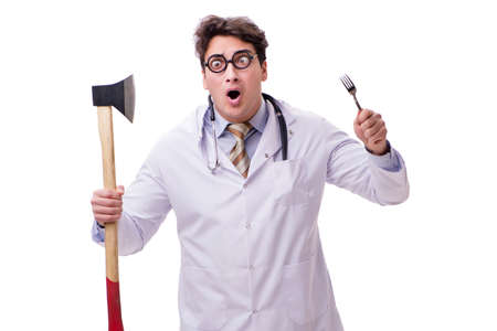 Funny doctor with axe isolated on whiteの写真素材