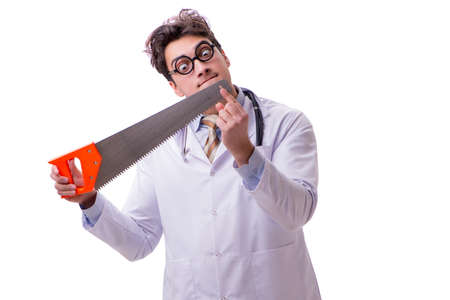 Funny doctor with saw isolated on whiteの写真素材