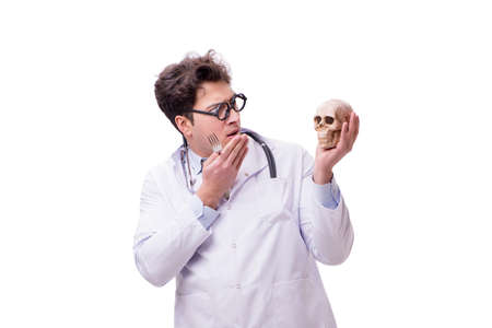 Funny doctor with skull isolated on whiteの写真素材