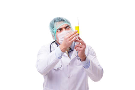 Funny doctor with syringe isolated on whiteの写真素材