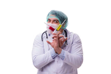 Funny doctor with syringe isolated on whiteの写真素材