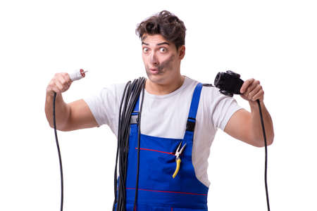 Funny man doing electrical repairの写真素材