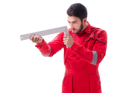Young repairman with a square ruler isolated on white background