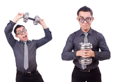 Funny businessman with dumbbells isolated on whiteの写真素材