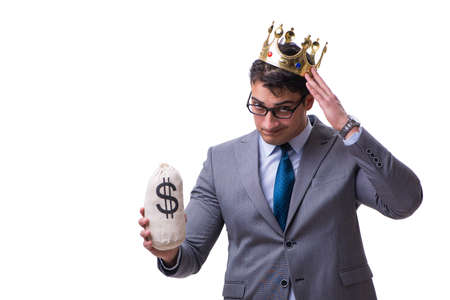 King businessman holding money bag isolated on white backgroundの写真素材
