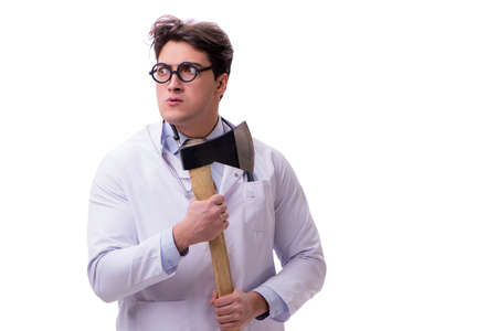 Funny doctor with axe isolated on whiteの写真素材