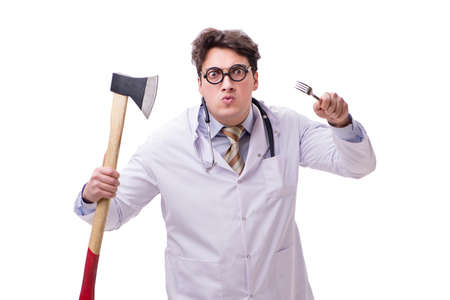Funny doctor with axe isolated on whiteの写真素材