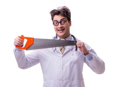 Funny doctor with saw isolated on whiteの写真素材