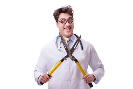 Funny doctor with shears isolated on whiteの写真素材