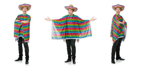 Funny young mexican with false moustache isolated on whiteの写真素材