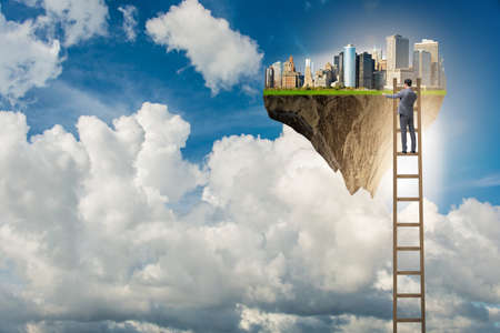 Man climbing ladder to floating island