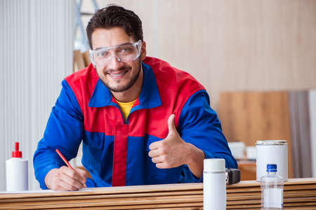 Yooung repairman carpenter working with paint painting