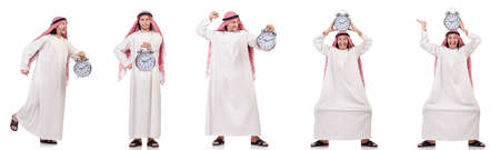 Arab man in time concept on whiteの写真素材