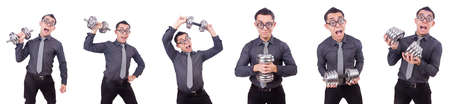 Funny businessman with dumbbells isolated on whiteの写真素材