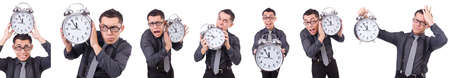Funny businessman with clock isolated on whiteの写真素材