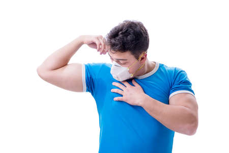Man sweating excessively smelling bad isolated on white backgrou