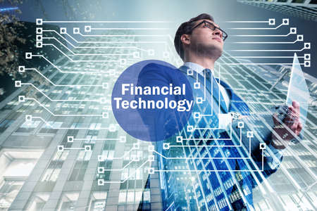 Businesswoman with laptop in financial technology fintech concep