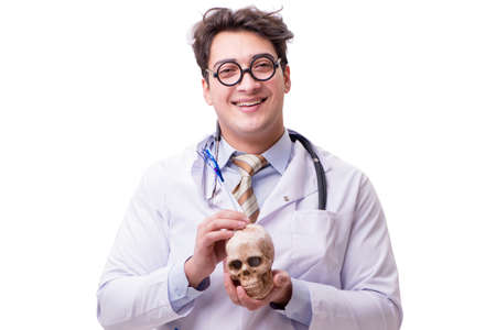 Funny doctor with skull isolated on whiteの写真素材