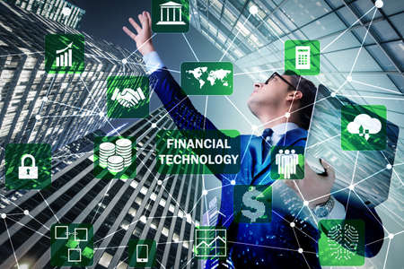 Businesswoman with laptop in financial technology fintech concep