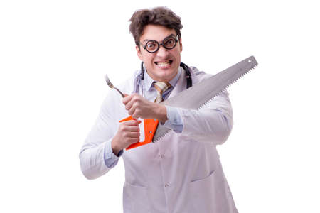 Funny doctor with saw isolated on whiteの写真素材