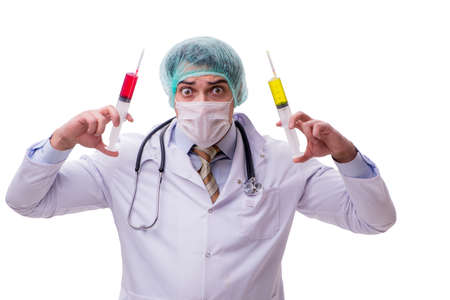 Funny doctor with syringe isolated on whiteの写真素材