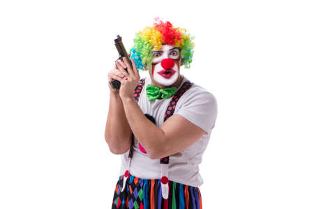 Funny clown with a gun pistol isolated on white backgroundの写真素材