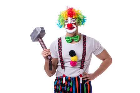 Funny clown with a hammer isolated on white backgroundの写真素材