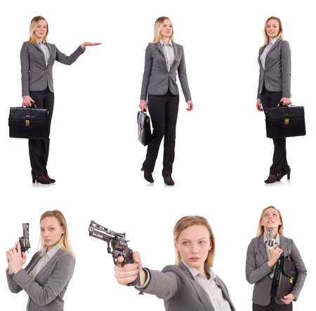 Businesswoman in gray suit isolated on whiteの写真素材