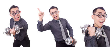 Funny businessman with dumbbells isolated on whiteの写真素材
