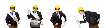 Funny architect with drawings on whiteの写真素材