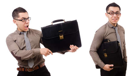 Young man holding briefcase isolated on whiteの写真素材