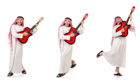 Arab man playing guitar isolated on whiteの写真素材