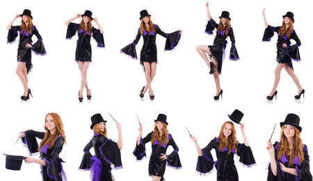 Pretty girl in purple carnival clothing and hat isolated on whitの写真素材