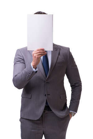 Businessman with blank message board isolated on whiteの写真素材