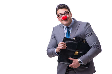 Funny clown with briefcase on whiteの写真素材