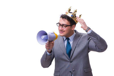 King businessman with a megaphone isolated on white backgroundの写真素材