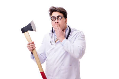 Funny doctor with axe isolated on whiteの写真素材