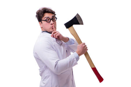Funny doctor with axe isolated on whiteの写真素材