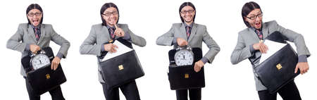 Young businessman in gray suit holding briefcase isolated on whi