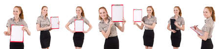 Attractive businesswoman  with binder  isolated on whiteの写真素材